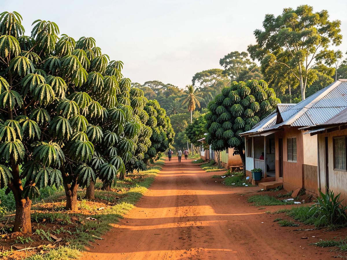 Route de latérite bordée de cacaoyers dans un village de la commune